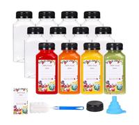 Flaroey 12 de Jugo de Plástico de 8 Oz con Tapas una Prueba de Manipulación, Recipientes de Jugo Transparentes Reutilizables con Etiquetas, Embudo y Cepillo