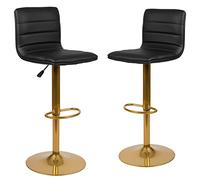 Flash Furniture Vincent - Taburete de Bar Ajustable de Vinilo Negro Moderno con Respaldo, Taburete Giratorio de Altura de mostrador con Base de Pedestal Dorada, Juego de 2