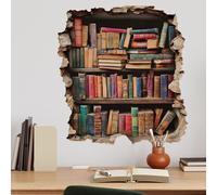 Flaxarne Pegatinas pared Decorativas 3D Estante de Libros,Vinilos de Pared Vintage con Efecto de Profundidad,para Sala,Oficina,Estudio y Rincón de Lectura