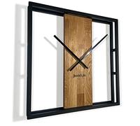 FLEXISTYLE Reloj de pared grande cuadrado LOFT de metal y madera 3D de 50 cm de diámetro, negro