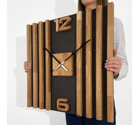 FLEXISTYLE Reloj de Pared Grande de Madera con Listones SQ, 60 cm, Aspecto de Madera, Color Negro, Roble 3D, Moderno, sin tictac, para salón, Color Negro y Roble