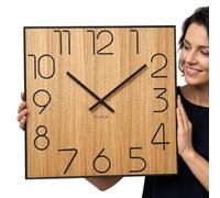 FLEXISTYLE Wood Square - Reloj de Pared (Madera, 40 cm de diámetro, Aspecto de Madera, sin Ruido de tictac)