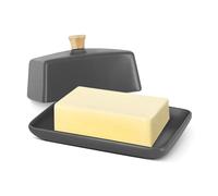 Flexzion Mantequera Europea de Cerámica Gris con Tapa para Encimera (18 cm) - Portamantequilla Ancho para 2 Barras, Contenedor para Queso Crema y Conservador