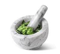 Flexzion Set de mortero mármol y maja de piedra, Mortero cocina de piedra mármol, Tazón machacador y pilón para machacar guacamole, hierbas, especias, ajo, 12 cm, blanco