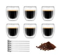 FloraVigo 6 tazas de café espresso, taza de café con cuchara de doble pared de 80 ml, resistente al calor, adecuadas para el hogar, la oficina y el uso diario.