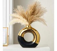 Florero de cerámica Ibenzoa® con forma de rosquilla: elegante florero bicolor y dorado, con un diámetro de 25,5 cm, ideal para arreglos con plumas de pampa y flores