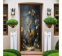Flores 3D Puerta Murales Pegatinas Animal ciervo sika Papel Pintado Puertas Autoadhesivo Vinilos,para Cocina Sala deBaño Decorativos 77x200cm