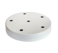 Florón metálico blanco de 6 salidas, diámetro 16 cm; ideal para instalaciones eléctricas y decoración en techos.