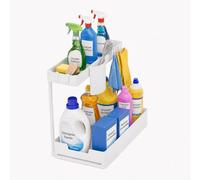 FLOWCASA Organizador Bajo Fregadero Cocina, 2 Niveles, Extraíble, Blanco | Cesta inferior extraíble, 5 ganchos y 2 niveles para organizar productos de limpieza bajo fregadero, cocina, baño y lavadero.