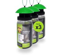 FLOWER Pack 3 Trampa Atrapa Moscas Exterior Interior | Pack Antimoscas con Fórmula Natural, Sin Pesticidas y Potente | Alimento Súper Atrayente al Aire Libre para Insectos | Kit Completo Reutilizable