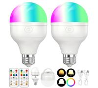 Focenat 2 Pieza Bombillas Colores RGB LED,Bombilla recargable con mando a distancia,Bombilla Regulable Cambio de Color con temporización,E27 Luz de emergencia con imán,Per camping al aire libre