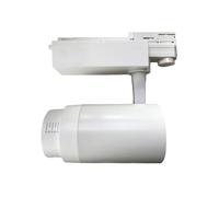 Foco LED de carril 4 vías, ángulo ajustable, PF>0.9, 30W, 3000K, 15 a 60º, 230V, blanco; ideal para iluminación en comercios y exposiciones.