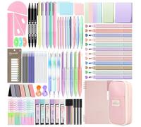 Focxoio 146 artículos de papelería estéticos con estuche y cuaderno, 12 resaltadores pastel, 3 bolígrafos borrables, 5 bolígrafos multicolor, 5 bolígrafos de gel, 9 juegos de papelería para