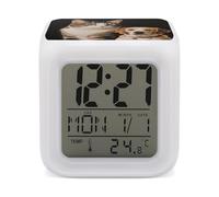 FodPand Reloj despertador digital LED de 7 colores, reloj de noche con pantalla de temperatura, repetición y luz nocturna, funciona con pilas, reloj despertador con impresión de gato y perro, lámpara