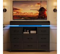 FOERPL Cómoda de Dormitorio Adulto con 8 Cajones, Cómoda con Cajones de Tela Chifonier Mueble de Almacenamiento de Madera con LED y Enchufe Cómoda Baja con Cajones Mueble de Pasillo con Almacenamiento