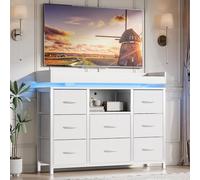 FOERPL Cómoda de Dormitorio Adulto con 8 Cajones, Cómoda con Cajones de Tela Chifonier Mueble de Almacenamiento de Madera con LED y Enchufe Cómoda Baja con Cajones Mueble de Pasillo con Almacenamiento