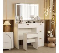 FOERPL Tocador de Maquillaje con Luz led Grande, Juego de tocador con Cajones y Luces Regulables para Maquillaje 140x90x40 cm Tocador de Maquillaje Grande con luz y Taburete Vanity de Maquillaje (K)