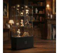 FOERPL Vitrina de cristal LED, vitrina de colección con 2 puertas, vitrina de 3 capas, gabinete, vitrina con cerradura, mueble salón bar (3 pisos+B luces, negro)
