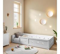 Fofetbfo Cama de suelo Montessori de 90 x 200 cm, cama infantil con protección anticaídas y somier, cama juvenil individual para niños y niñas, de madera maciza de pino natural - Cama infantil (blanco