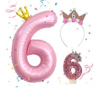 Foil Globo Numero 6,Corona de Cumpleaños para Niñas de 6 Años,Velas de Cumpleaños Números