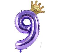 Foil Globo Numero 9, VUCDXOP 101 CM Violeta Globo de cumpleaños 9 con Corona, globos de helio número 9, Decoracion 9 Cumpleaños Niños, Globos Numeros Gigantes para Fiestas, Vuelan con Helio