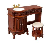Folpus Tocador para Casa de Muñecas Mueble Baño Miniatura Lavabo Armario Taburete Madera con Detalles Torneados y Realista Adecuado para Aficionados y Vitrinas de Miniaturas a Escala 1 12