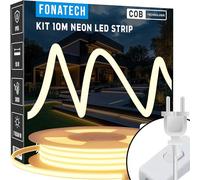 FonaTech© Tira LED COB 10m 220V Blanco Cálido, Exterior Impermeable IP65, Neón Flexible Cortable cada 50cm, Reutilizable con Conectores, Sin Transformador, Iluminación Decorativa Interior y Jardín