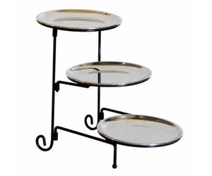 Fonowx Soporte de Niveles Expositor Estante Bandeja Base de Metal con Pies y Bandejas Lisas con Borde Bajo Desmontable y Plegable para Ahorro de Espacio , Plata , 14cm