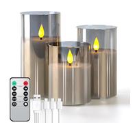 Forever Speed 3 Piezas Vidrio Gris Velas LED Recargable con Mando a Distancia, Regulable Velas Sin Llama con Cable de Carga USB para La Decoración Casera del Partido, Acampar, Boda, Regalos