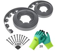 Forever Speed Borde Jardín Flexible de Plástico 20m x 5cm(LxH) [120 Anclajes Al Suelo + 2 par de Guantes] Césped Borde Valla de Jardín Cenefa para Parterres Gris