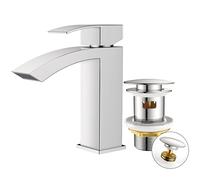 FORIOUS Grifo Lavabo con Vaciador Push-open, Grifo Monomando Cascada para Baño, Altura de Pico 100 mm, Diseño Boca de Grifo Tipo Rejilla, Ahorro de Agua, Cromado