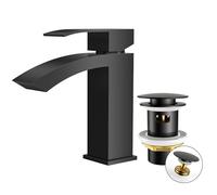 FORIOUS Grifo Lavabo Negro con Vaciador Push-open, Grifo Monomando Cascada para Baño, Altura de Pico 100 mm, Diseño Boca de Grifo Tipo Rejilla, Ahorro de Agua