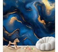 Fotomural - papel tapiz Mármol Dormitorio, Aspecto Mármol, Azul Oscuro Dorado, Patrón Sala de Estar, Decoración de Pared Abstracta Moderna Habitación Infantil, Estampado, 150cmx105cm Póster - Adhesivo