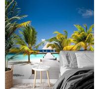 Fotomural Playa Mar Palmeras No Tejido XXL Moderno Papel Mural Sala Sala Dormitorio Azul Verde Blanco, 150cmx105cm Adhesivo de Pared - Fondo de Pared - Cuadro - Póster