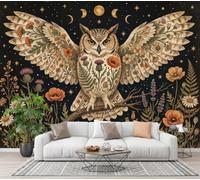 Fotomurales Búho Floral Retro 300X210Cm Papel Pintado Tejido No Tejido | Fases Lunares Bohemias Cielo Estrellado Fotográfico Pared Decorativos Murales Póster Para Dormitorio Salón Pared, Negro
