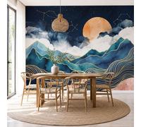 Fotomurales Decorativos Pared Abstracto Paisaje Montañas Olas Luna Llena Papel pintado Tejido Seda Decoración de Pared, Salones, Habitaciones Decorativos Murales Moderna Fotográfico 300 x 210cm