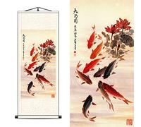 FOVNOT Tapiz Decoracion China Feng Shui con 9 Carpas Koi - Pintura en Seda con Loto y Peonías, Decoración Asiática para Pared en Rollo