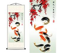 FOVNOT Tapiz Decoracion China Feng Shui con 9 Carpas Koi - Pintura en Seda con Loto y Peonías, Decoración Asiática para Pared en Rollo