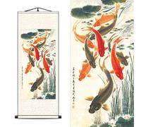 FOVNOT Tapiz Decoracion China Feng Shui con 9 Carpas Koi - Pintura en Seda con Loto y Peonías, Decoración Asiática para Pared en Rollo