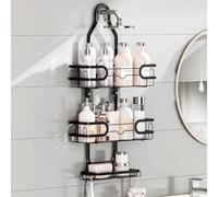 FOXWHALE Estante de ducha colgante - Estante de ducha colgante con soporte para barba y jabonera y varios ganchos - Color negro sin taladrar, cesta de ducha colgante para bolas de baño,