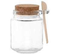 Frasco de vidrio transparente y cuchara de madera