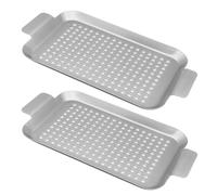FRCOLOR 2 rejillas para parrilla, cesta para asar de 33 x 18 cm con bandeja | Parrilla de hierro con doble asa y agujeros para barbacoa al aire libre: verduras, mariscos, pescado, gambas y brochetas.