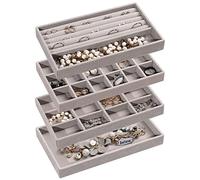 Frebeauty Organizadores de joyas apilables en terciopelo, set de 4 | Joyero apilable, estuche para anillos, collares y pendientes de botón, organizador de pendientes, bandeja para cajón