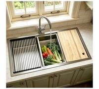 Fregadero Cocina 1 Seno 80 x 50 cm, Fregadero Acero Inoxidable 304 Cepillado, Incorporado Gran Fregadero, con escurridor enrollable, una tabla de cortar, un recipiente pequeño y un conjunto