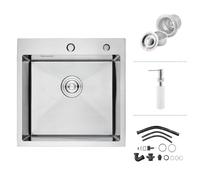 Fregadero Cocina 1 Seno, Fregadero Acero Inoxidable Cepillada 50 x 50 cm con Desbordamiento,Sifón, Dispensador de Jabón, Fregadero Pequeño con 2 Orificios para Grifo, Sobre Encimera o Enrasado