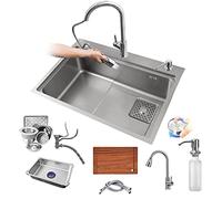 Fregadero Cocina 1 Seno Y Escurridor Redondo, Fregadero De Cocina Acero Inoxidable Fregadero Empotrado Grande Con 1 Agujero Desagüe Derecha Y Tubo Rebosadero Sobre Encimera, Bajo Encimera O Enrasado