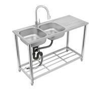 Fregadero cocina 2 bandejas 120x50x80cm acero inoxidable grifo extraíble | Acero inoxidable pasivado, 2 bandejas 39 x 35 x 17 cm, 120 x 50 x 80 cm, grifo extraíble 360 °, patas ajustables