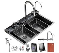 Fregadero Cocina 68x45 Negro Acero Inoxidable, Kit Fregadero Cascada con Grifo Integrado, Monoseno Inteligente con Lava Vasos, Dosificador Jabón, Tabla Cortar, Escurridor, Sifón y Kit Desagüe Completo