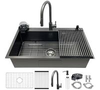 Fregadero Cocina 80x50 cm Acero Inoxidable Negro Antracita con Grifo,Fregadero 1 Seno Encastrable,Fregadero de Cocina con Escurridor,Escurreplatos,Enjuagador de Vasos,Dispensador de Jabón y Sifón