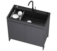 Fregadero Cocina Inoxidable Negro Independiente Con Mueble Bajo | Agua Caliente, Fregadero De Aluminio Alveolar Con Almacenamiento De Una Sola Capa Y Juego De Desagüe(Gray,L68cmxW45cmxH85cm)